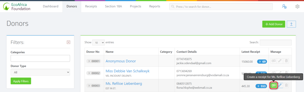 Creating a New Receipt - adding a new receipt from the donor page