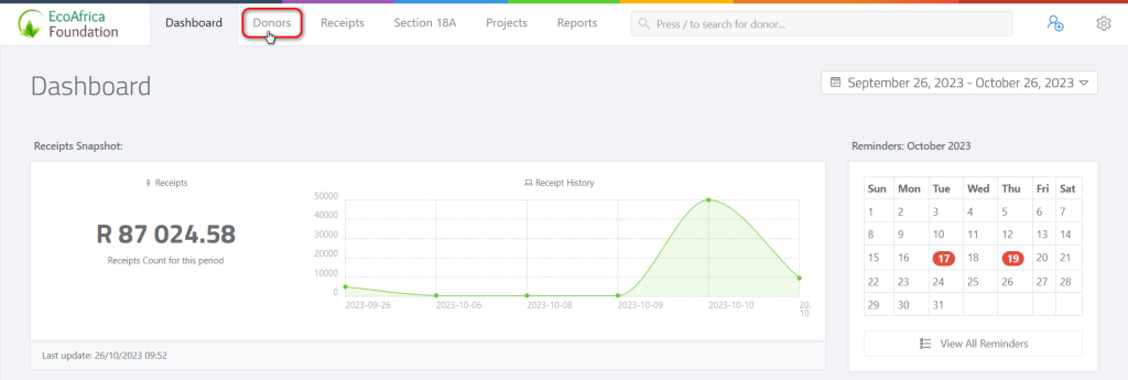 Viewing all Receipts for a Donor - Navigate to the donors page from the dashboard