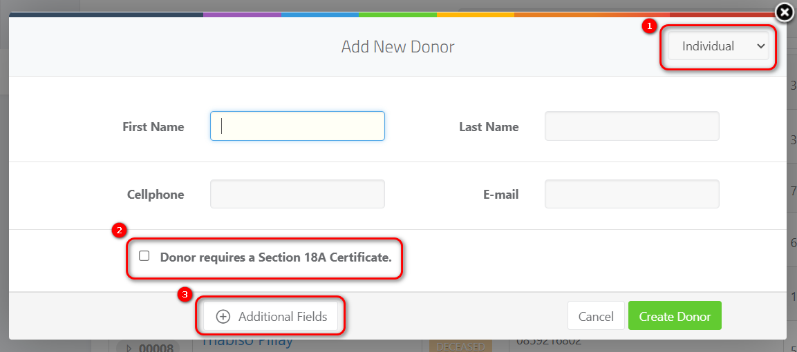 Adding New Individual Donors - Adding individual donor pop up