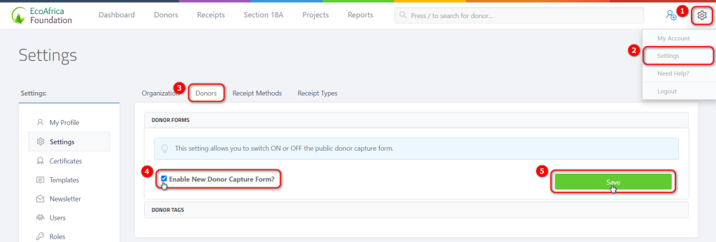 Donor Capture Forms - Navigating to the settings page and enabling public donor capture forms