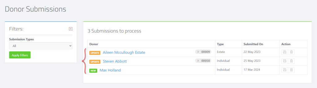 Donor Capture Forms - viewing donor submissions