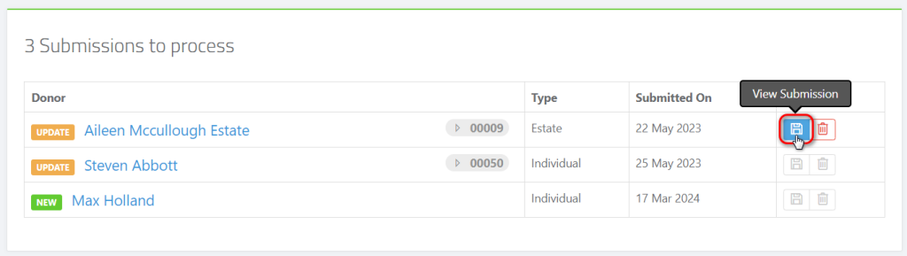 Donor Capture Forms - viewing and saving donor submissions