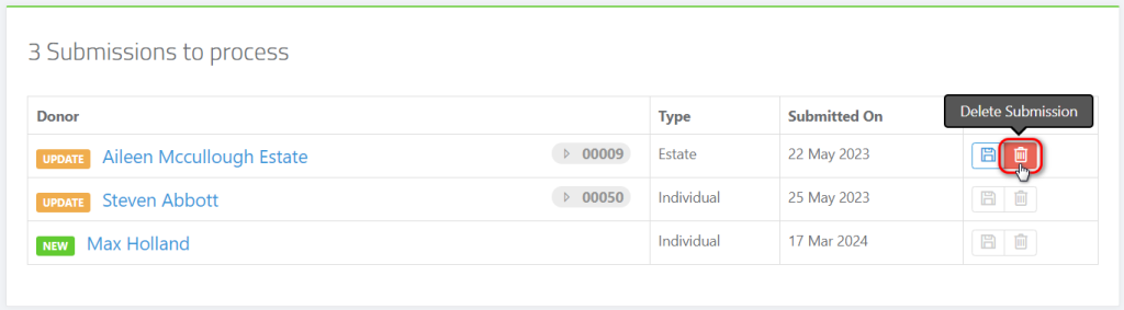 Donor Capture Forms - deleting unwanted donor submissions