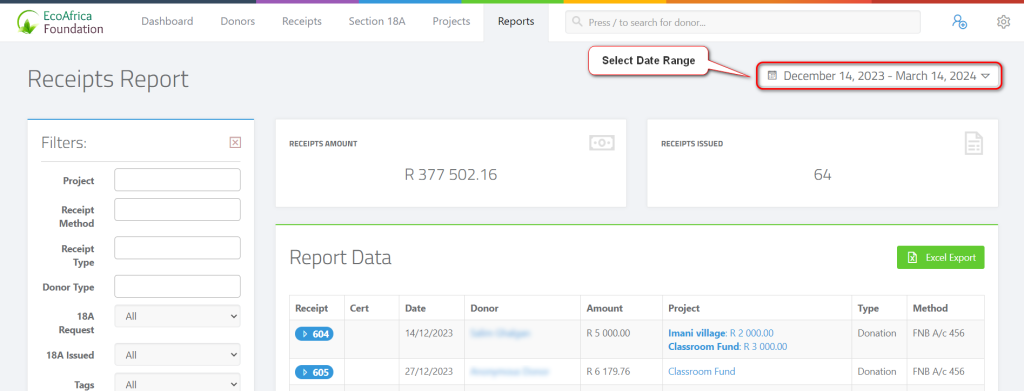 Generating Financial Receipt Reports - Receipt Reports Page