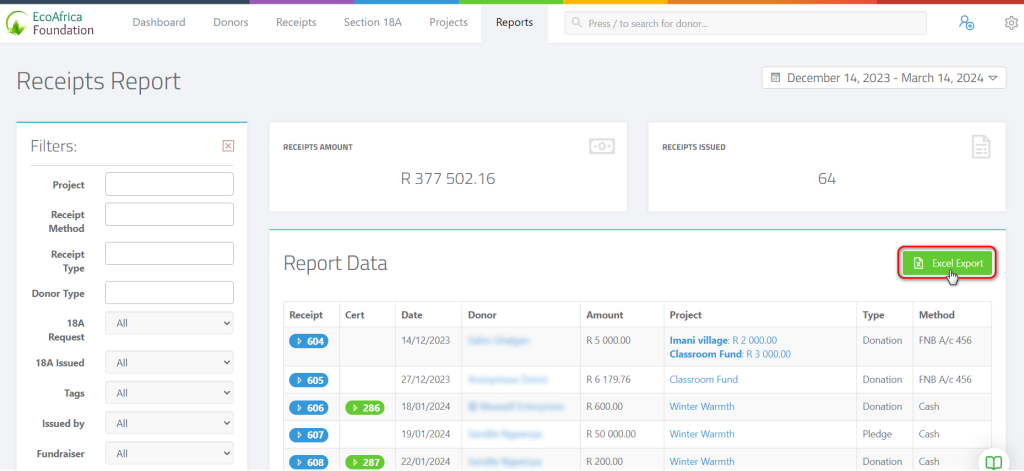 Generating Financial Receipt Reports - Export to Excel